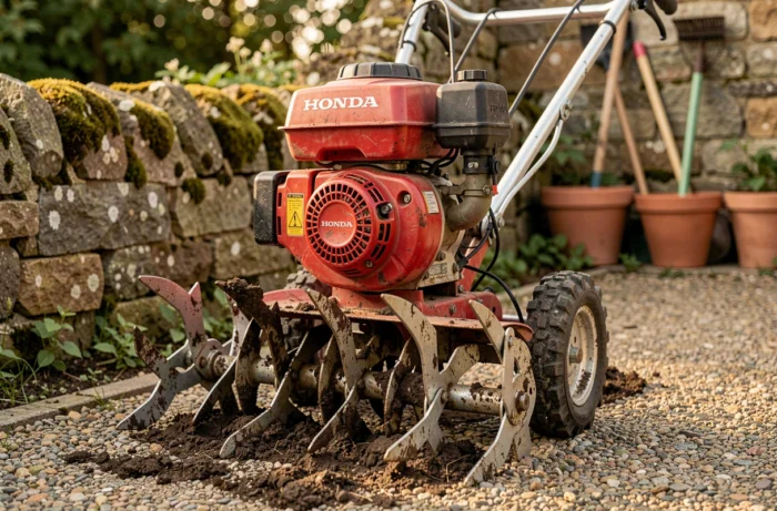 Gros plan sur les lames et le moteur de la motobineuse Honda FG320 posée sur un chemin de gravier au jardin