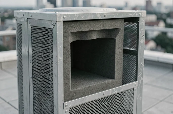 Gros plan sur les matériaux acoustiques intérieurs d'un caisson anti bruit pour climatiseur sur terrasse