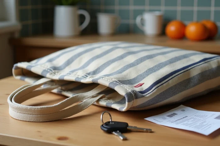 Détail de la texture et coutures d'un sac Armor Lux rayé posé sur une table en bois