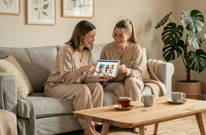 Deux femmes découvrant ensemble les rubriques et contenus du site Belle en Forme sur une tablette dans un salon cosy