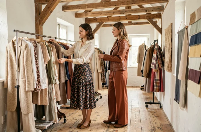 Deux femmes parcourant un portant de vêtements tendance dans un atelier vintage lumineux, inspirations mode saisonnière
