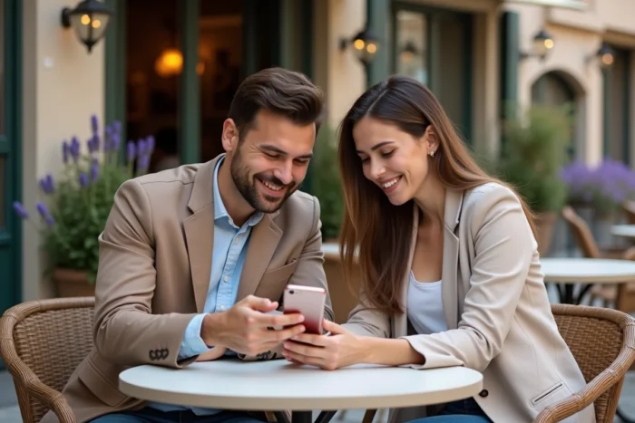 Deux personnes consultant une application de petites annonces sur smartphone en terrasse de café français