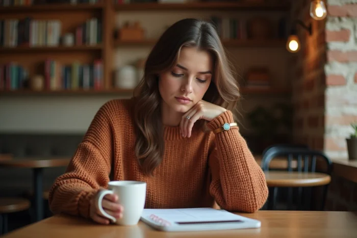 Femme artiste albanaise dans un café chaleureux, évoquant l'histoire personnelle et le parcours de Dhurata Dora