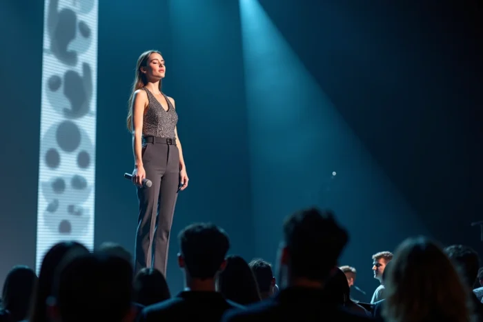 Artiste albanaise sur scène lors d'une performance musicale, illustrant le succès de Dhurata Dora