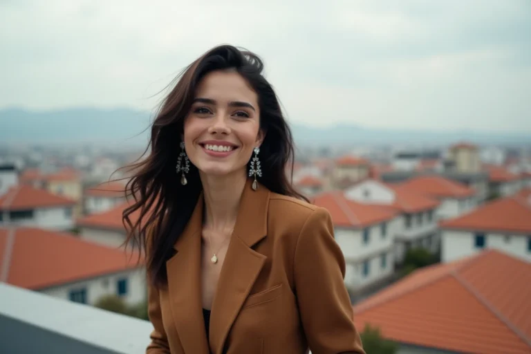 Chanteuse albanaise inspirante debout sur une terrasse urbaine, représentant le parcours de Dhurata Dora