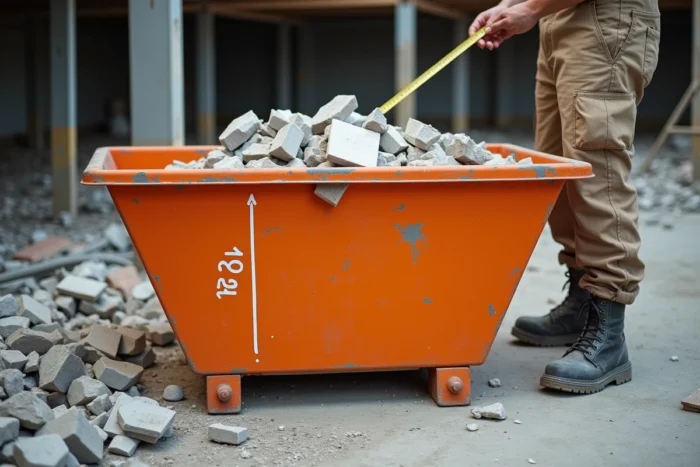 Gros plan sur les dimensions d'un container 3m3 avec marques de mesure visibles sur un chantier de construction