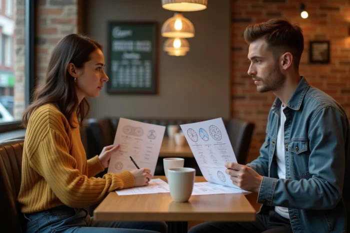 Deux adultes s'entraînant ensemble aux tests psychotechniques autour d'une table de café en ville