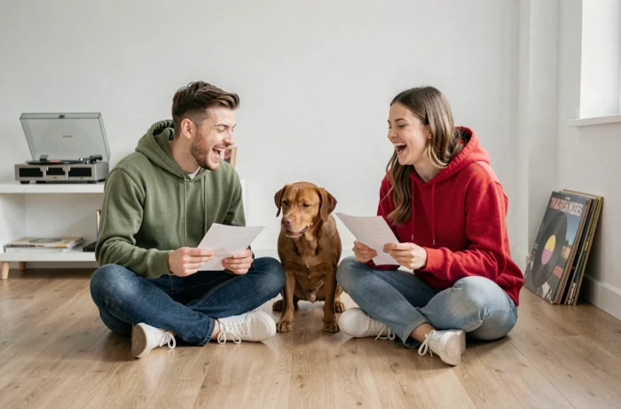 Deux jeunes adultes répétant les paroles du Chien de ma Tante avec un chien dans un appartement
