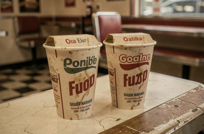 Emballages vintage de hamburgers et gobelets en carton des premiers restaurants fast-food américains des années 1950