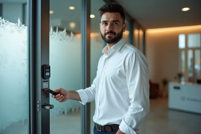 Employé BNP Paribas utilisant un badge sécurisé pour accéder à un espace protégé du bureau
