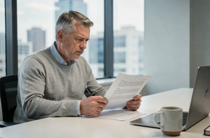 Employé lisant attentivement un document juridique lié à ses droits et libertés individuelles dans le cadre du Code du travail