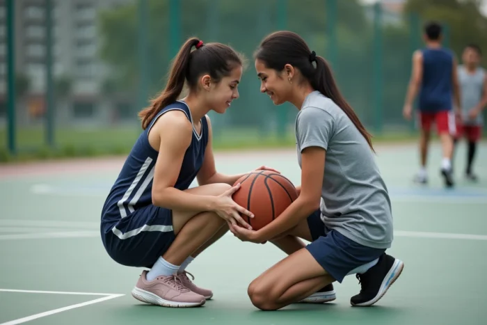Femme entraîneuse guidant un jeune joueur de basketball lors d'un entraînement solidaire sur un terrain urbain