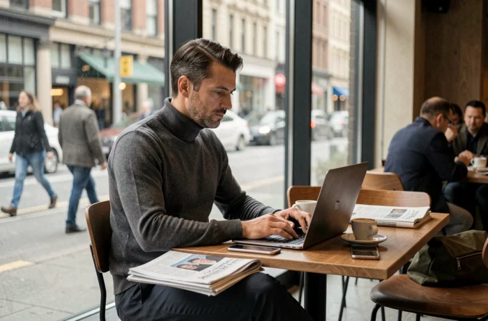 Entrepreneur concentré travaillant sur son ordinateur portable dans un café urbain avec un journal business sur la table
