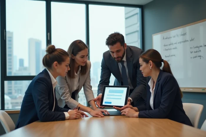Équipe de collaborateurs BNP Paribas consultant un portail sécurisé Alis sur tablette en salle de réunion
