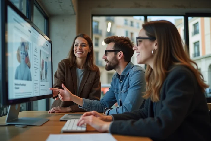 Équipe de professionnels du numérique collaborant sur un projet web dans une agence à Rennes