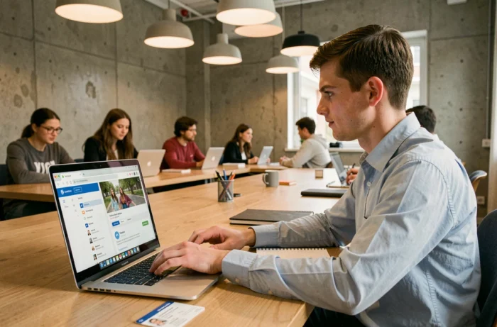 Étudiant consultant son compte de messagerie Zimbra Upsud sur un ordinateur portable dans un espace de travail partagé