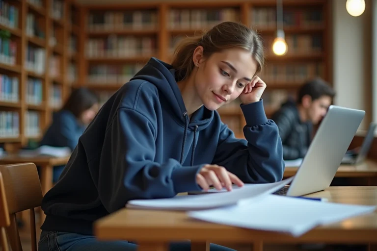 Étudiante consultant des documents bancaires pour un crédit étudiant à taux zéro dans une bibliothèque universitaire