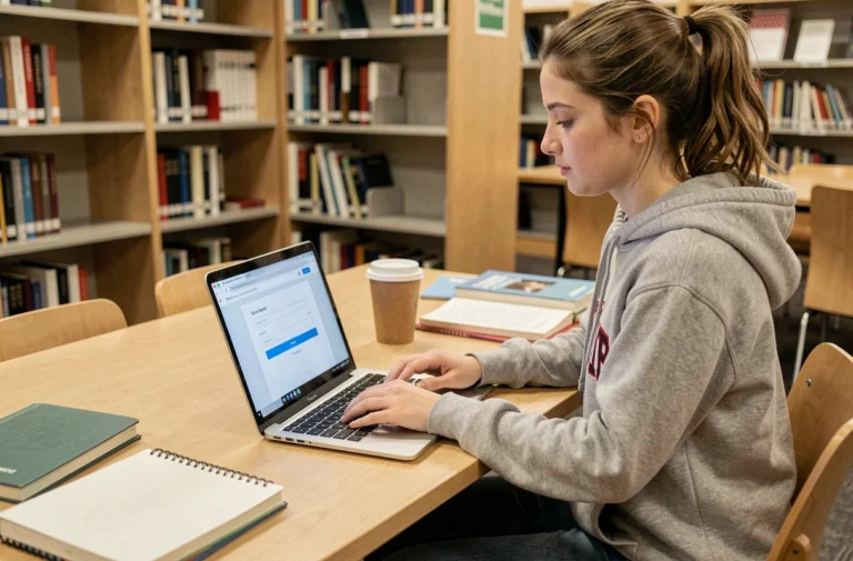 Étudiante accédant à sa messagerie universitaire Zimbra sur un ordinateur portable dans une bibliothèque universitaire