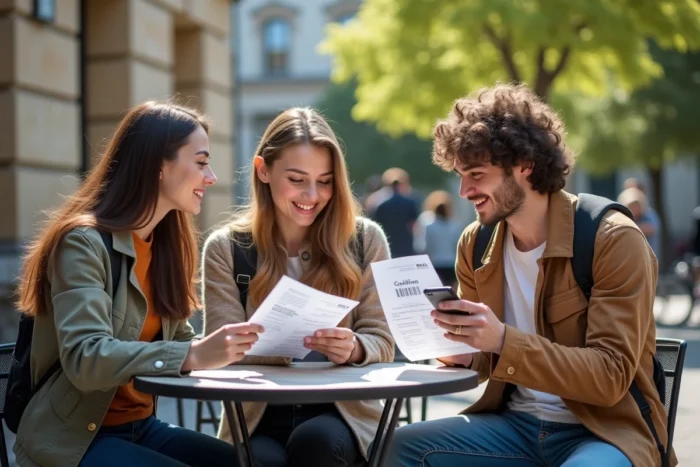 Groupe d'étudiants comparant des offres de crédit étudiant à taux zéro sur le campus universitaire