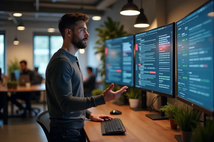 Expert SEO présentant les résultats d'un audit technique de site web sur un grand écran dans un espace de coworking