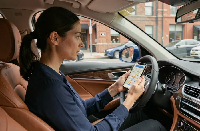 Femme consultant un itinéraire GPS sur smartphone dans une voiture en milieu urbain