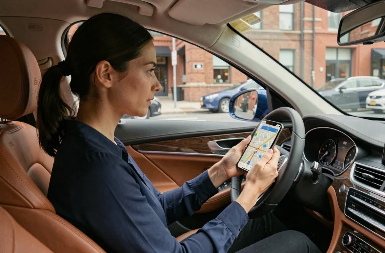 Femme consultant un itinéraire GPS sur smartphone dans une voiture en milieu urbain