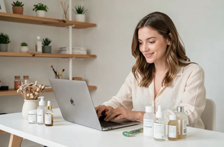 Jeune femme parcourant des produits beauté tendance en ligne sur son ordinateur portable dans un bureau minimaliste scandinave
