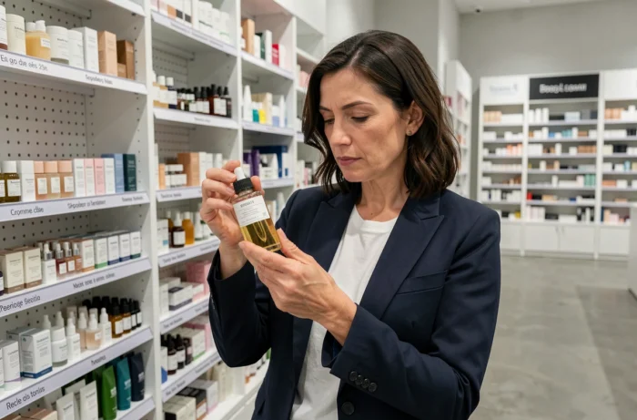Femme élégante examinant attentivement un sérum en verre dans une boutique beauté style pharmacie au décor épuré