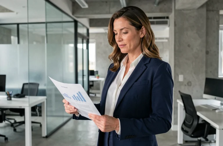 Femme cadre en blazer marine analysant un rapport business dans un bureau moderne et minimaliste