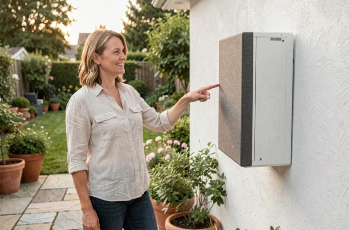 Femme présentant un caisson anti bruit installé sur une climatisation murale dans un jardin résidentiel