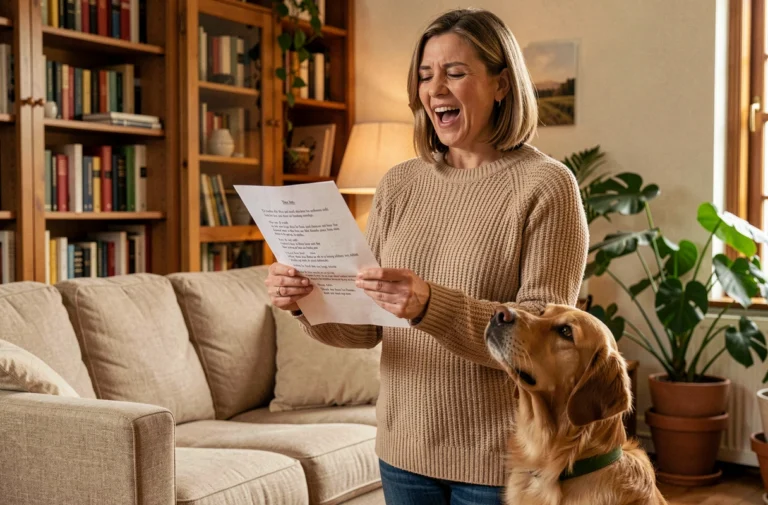 Femme chantant les paroles du Chien de ma Tante avec son chien dans un salon chaleureux