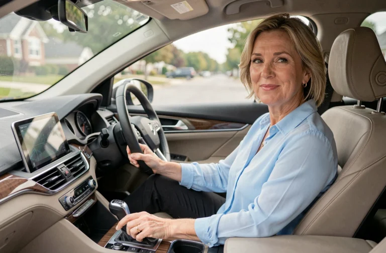 Femme conduisant une voiture automatique après suppression du code 79 sur son permis de conduire