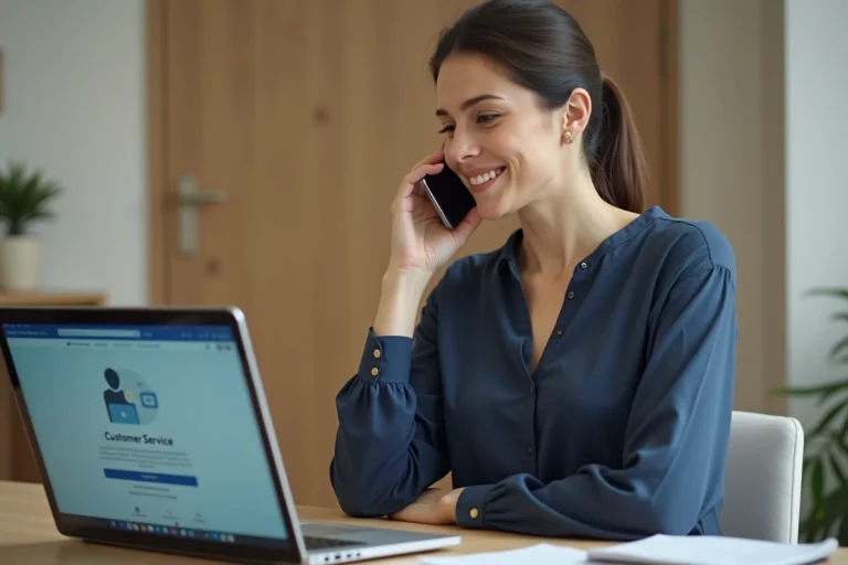 Femme contactant le service client CDC Habitat par téléphone depuis son bureau à domicile