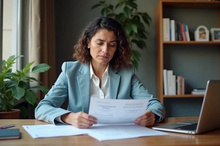Femme consultant un formulaire de demande de visa français à son bureau à domicile