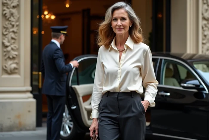 Femme élégante et discrète descendant d'une voiture devant un grand hôtel parisien, illustrant une personnalité de l'entourage de Michel Platini