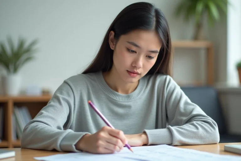 Jeune femme concentrée s'entraînant sur des épreuves psychotechniques imprimées à son bureau à domicile