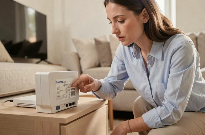 Femme lisant l'étiquette au dos de sa Freebox Ultra pour trouver le mot de passe WiFi