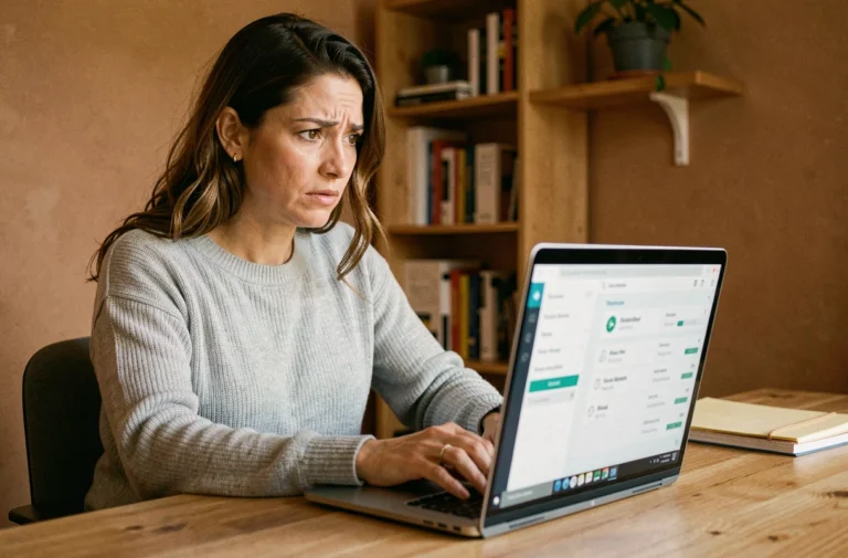 Femme consultant un gestionnaire de mots de passe sur son ordinateur portable dans un bureau à domicile pour protéger ses données personnelles