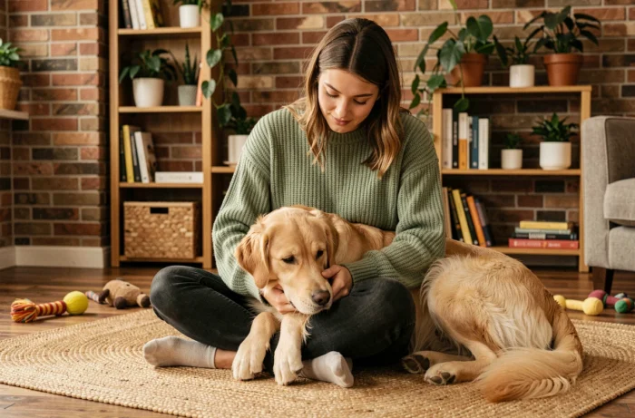 Jeune femme caressant son golden retriever dans un salon chaleureux aux tons naturels, illustration tendances animaux de compagnie