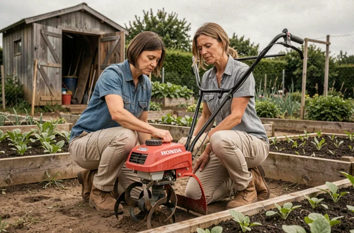 Femme inspectant les griffes de la motobineuse Honda FG320 dans un jardin ouvrier avec potager surélevé