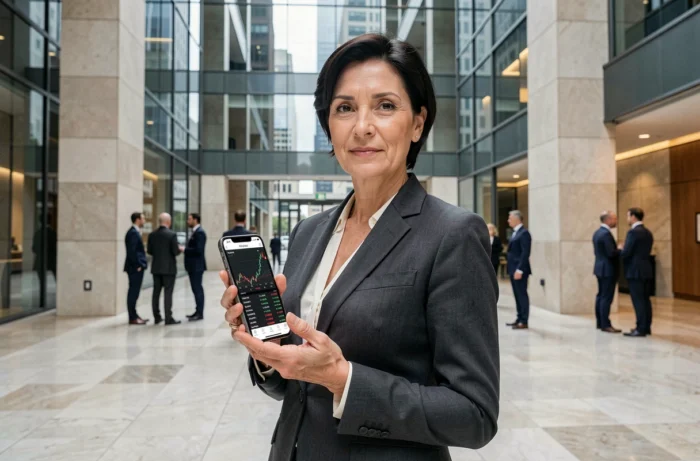 Femme cadre consultant une application de trading boursier dans le hall d'un immeuble financier