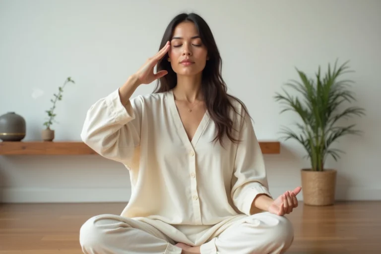 Femme en méditation pressant son tempe gauche lors d'une séance de pleine conscience symbolisant la signification spirituelle du mal de tête côté gauche