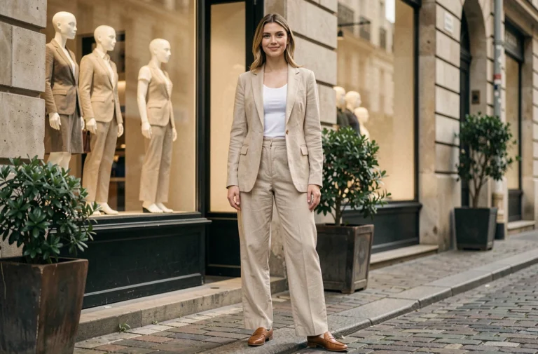 Femme élégante en blazer lin beige et pantalon large devant une boutique parisienne, style mode tendance