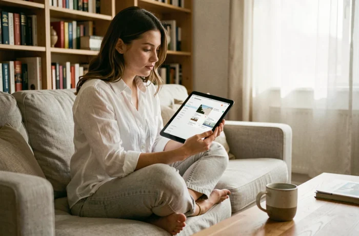 Jeune femme naviguant sur un plan de site web depuis une tablette dans un salon confortable