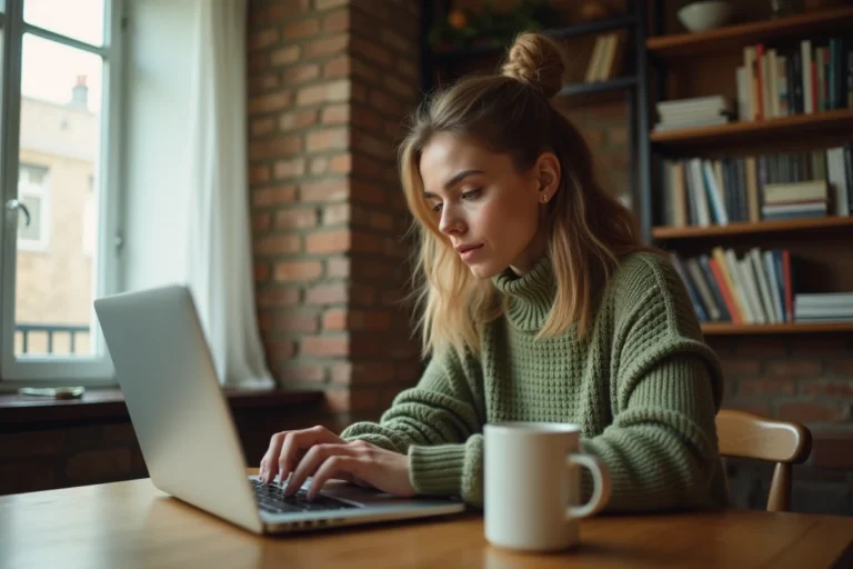 Femme consultant des petites annonces en ligne sur son ordinateur portable dans un appartement français