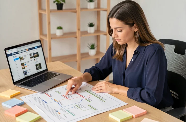 Femme consultant un plan de site web imprimé sur un bureau en bois dans un bureau à domicile moderne