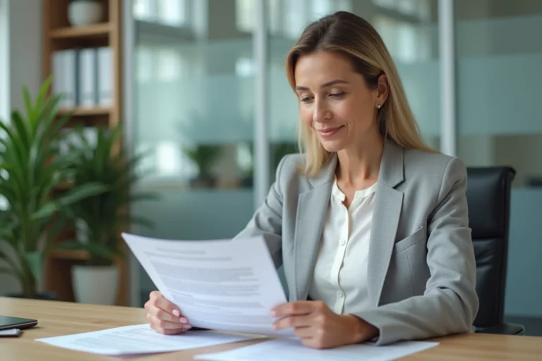 Femme professionnelle en blazer gris révisant un contrat de travail CDI imprimé dans un bureau moderne