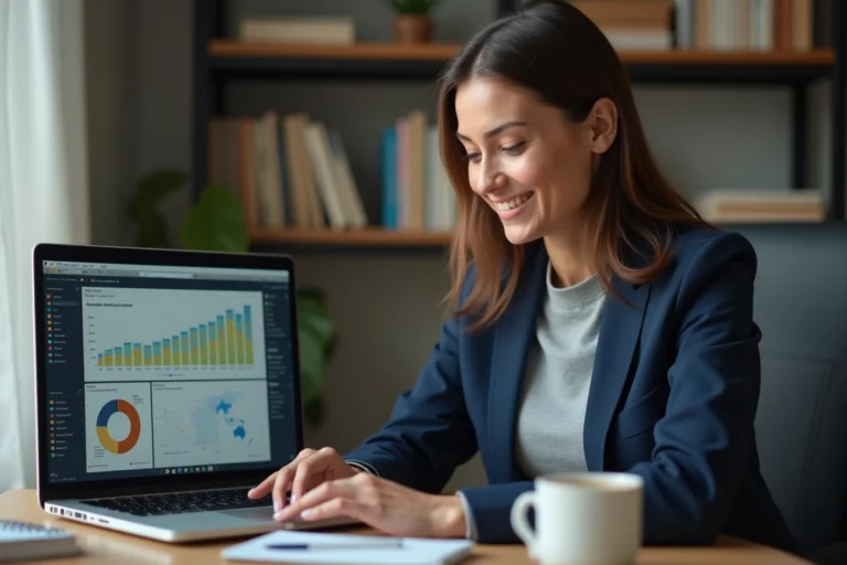 Femme professionnelle suivant une formation en ligne sur son ordinateur portable dans un bureau à domicile moderne