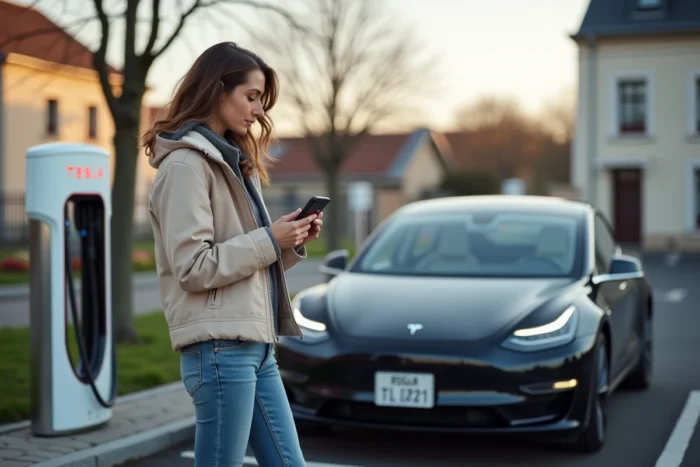 Femme attendant la recharge de sa Tesla Model S à une station Supercharger en France