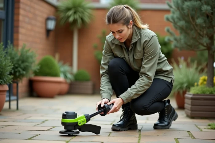 Femme réglant la bobine du coupe-bordure Greenworks 1200W sur une terrasse de jardin